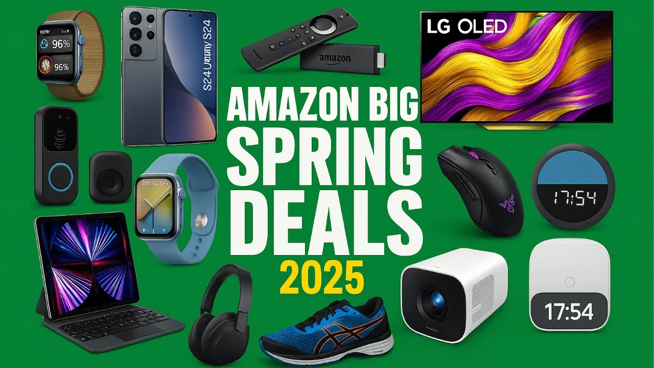 The image showcases various tech gadgets, including a smartwatch, smartphone, wireless earbuds, a gaming mouse, a TV, a keyboard, sports shoes, and a projector, all displayed with the text "Amazon Big Spring Deals 2025" in large, bold font. The background is a vibrant green, and the items are laid out in an organized, visually appealing