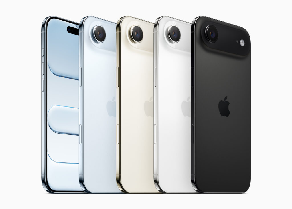 Lineup of Apple iPhones in different colors, including light blue, silver, gold, white, and black, displayed standing side by side to showcase front and back designs.