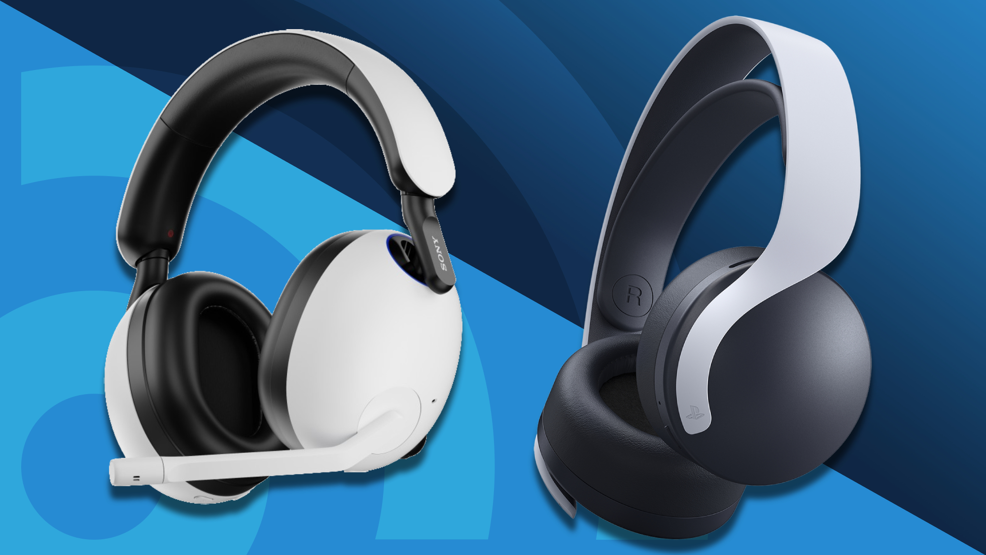 The image shows two different PS5 gaming headsets. On the left, we have the Sony Pulse 3D Wireless Headset, which is designed specifically for the PlayStation 5 to offer 3D audio and a comfortable design. On the right, there's a more streamlined version, likely a PS5 Official Headset variant, known for its clean, ergonomic look and high-quality sound experience.